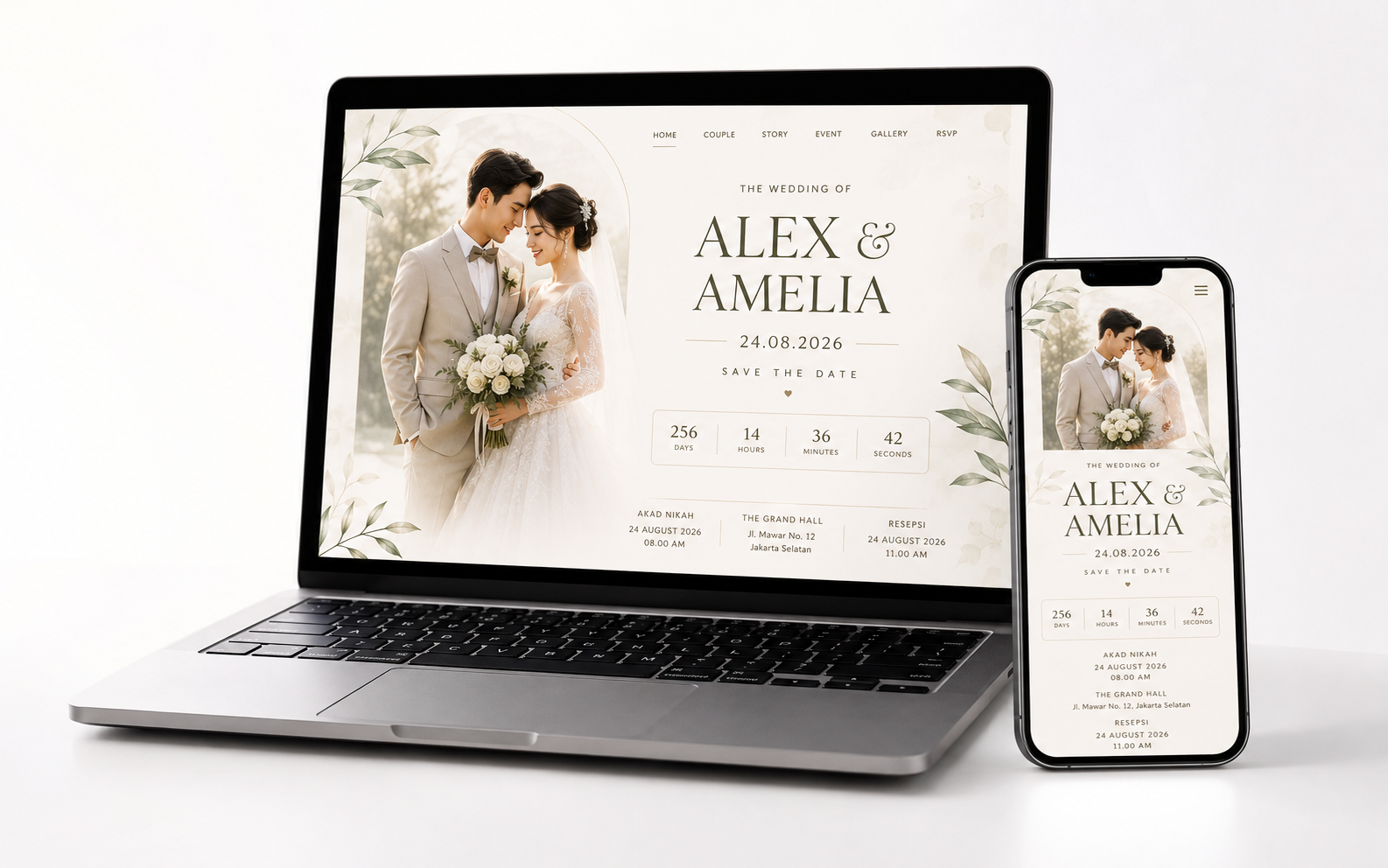 EasyInvite digital wedding invitation interface shown on a laptop and phone